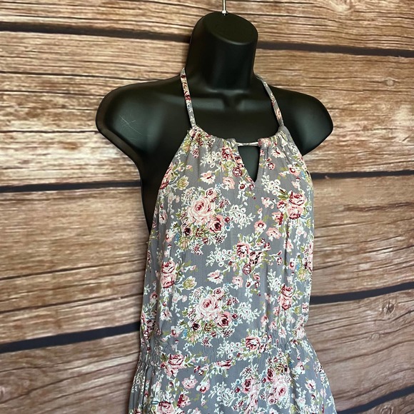 Romper Halter Top S Angie Gray Grey Floral Pockets Shirred Back Light Weight - Picture 2 of 8